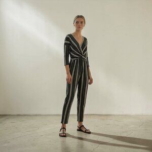 NWT Express Striped Surplice Twist Front Jumpsuit Black/White XS